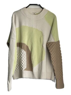 COS Cream, Light Green and Tan Colorblock Cable Knit Cotton & Wool Blend Sweater